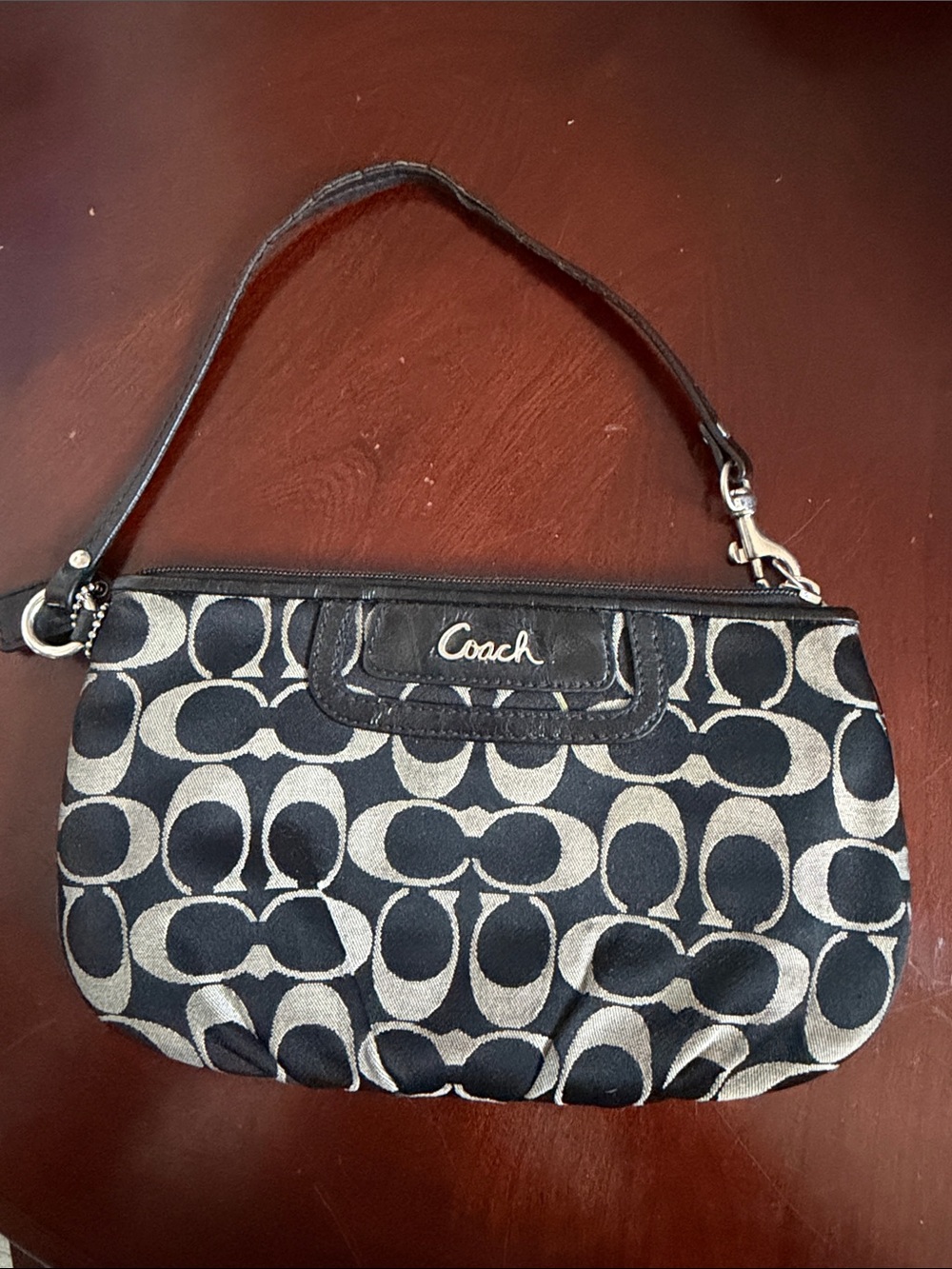 Coach Black and Cream Signature Canvas Wristlet